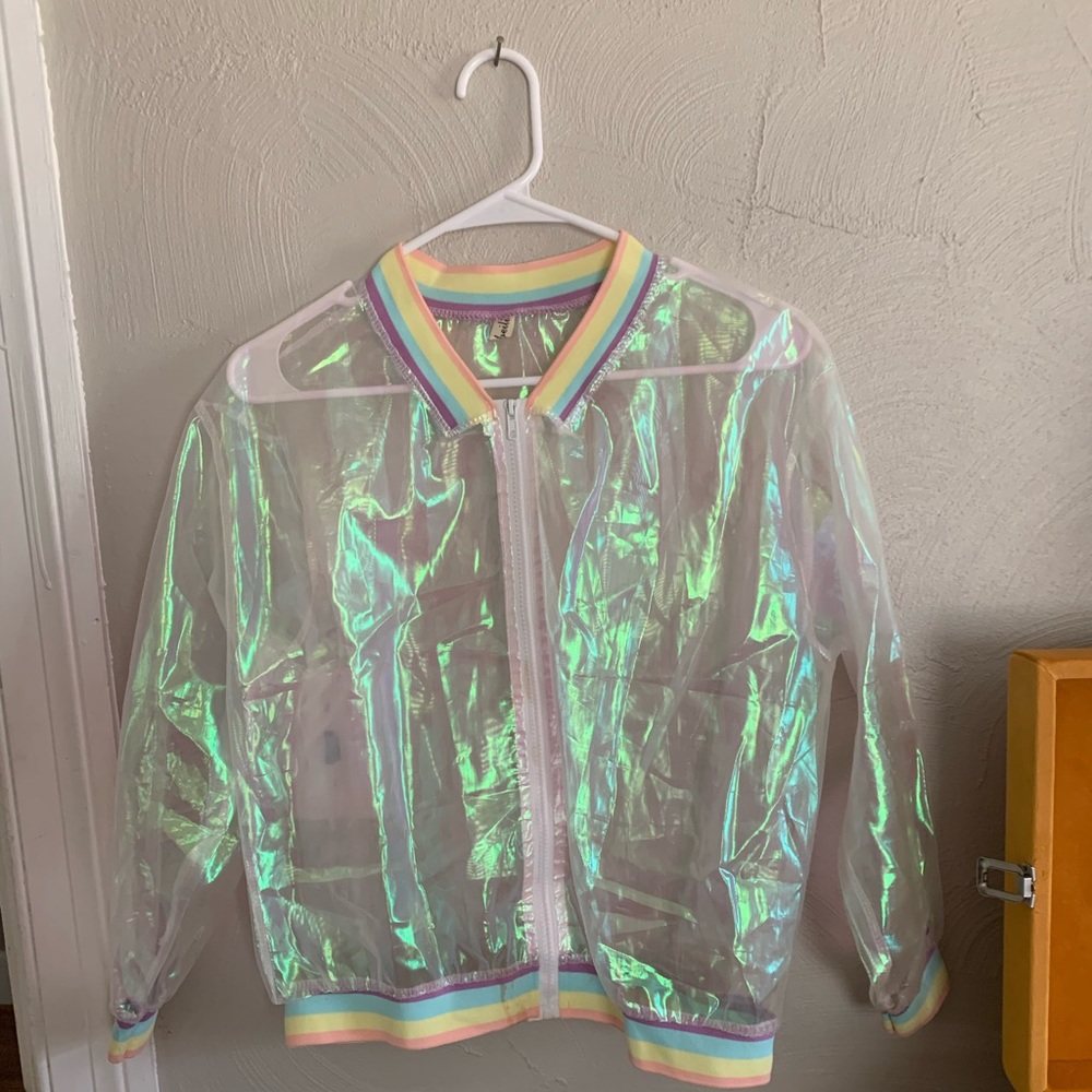 Sheer Iridescent jacket with rainbow sleeves